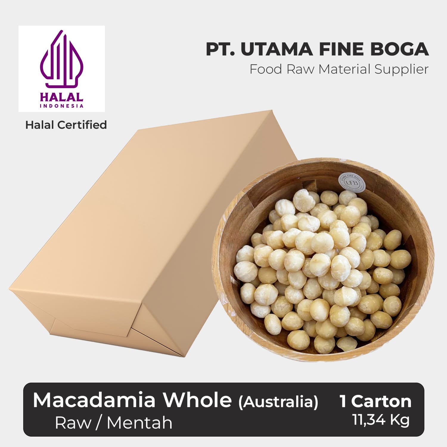 Kacang Macadamia Utuh Kupas Mentah (Australia) 1 Karton 11,34Kg